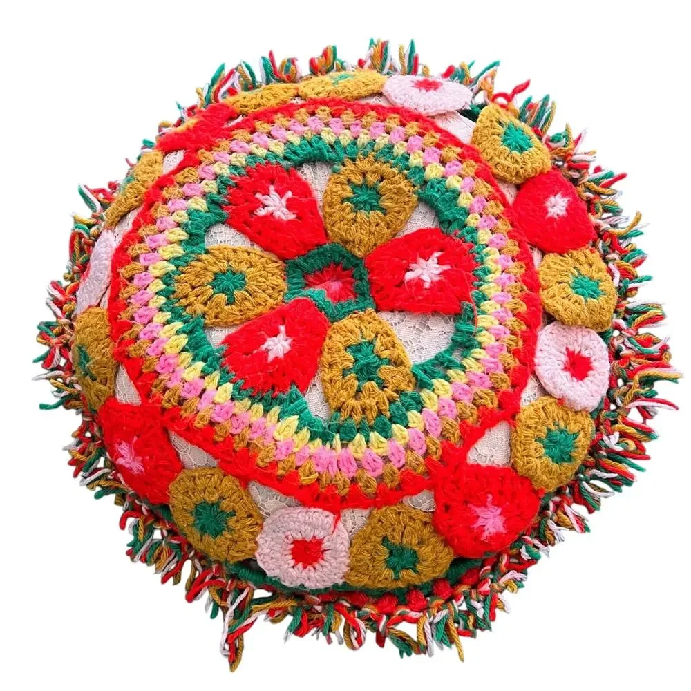 Vintage 70s Crochet Pillow Handmade Round Flower Power Fringe Floral 17 Inches